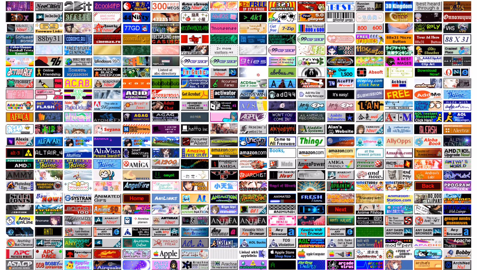 Hundreds of 88x31 web buttons tiled edge to edge.