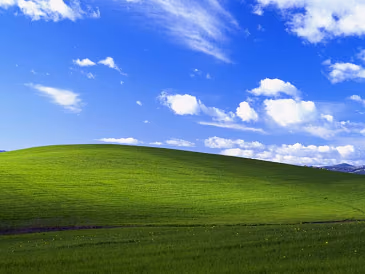 The Windows XP default wallpaper of a green hill under a blue sky.