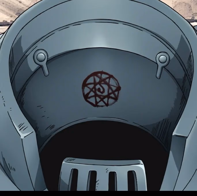 A small blood seal painted in dark red inside an empty suit of armour.