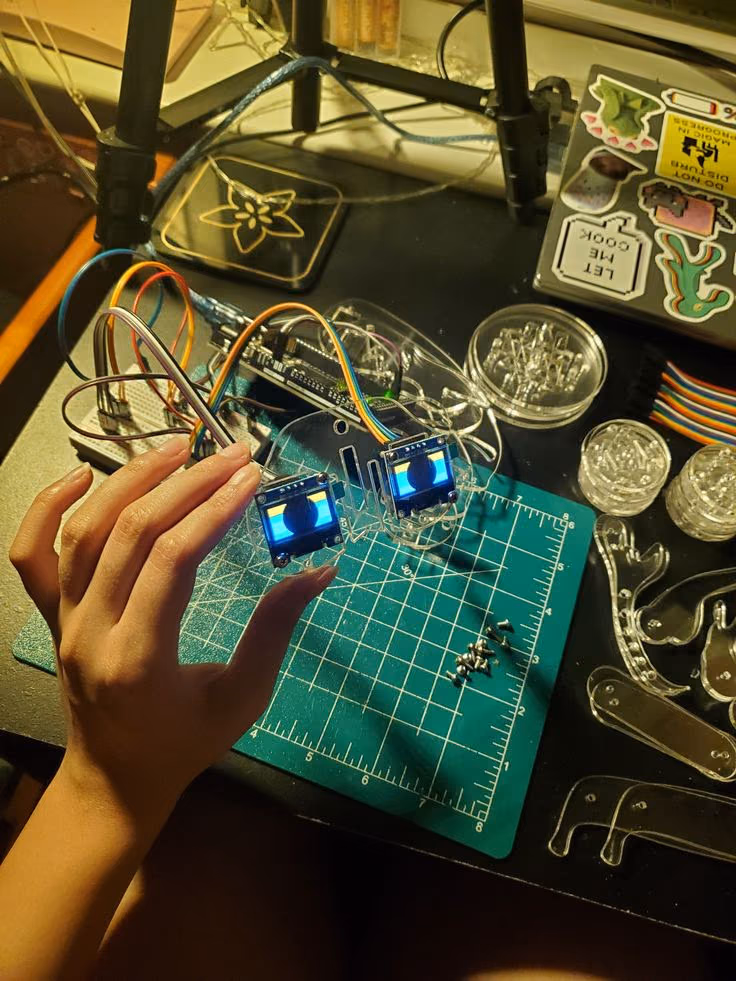 A hand holds a laser-cut acrylic frame with two blue OLED screens over a green cutting mat.