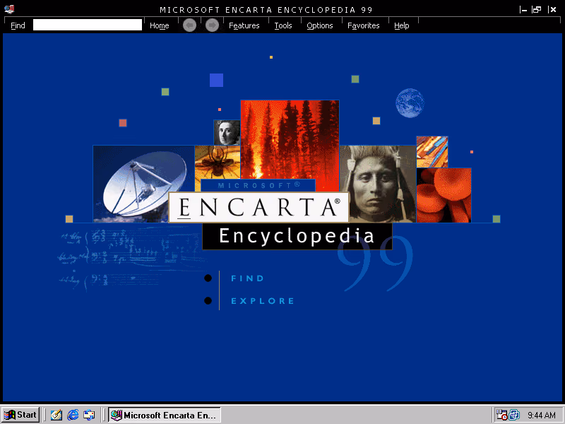 The Microsoft Encarta 99 splash screen in a Windows 98 window.