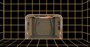 The inside of a holodeck with a yellow grid on the black walls and floor.
