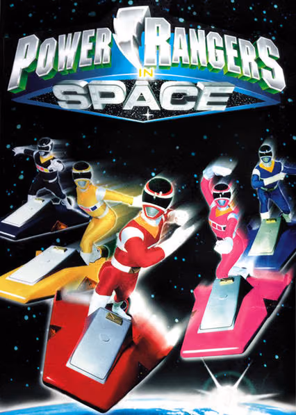 The Power Rangers in Space team riding through a starfield.
