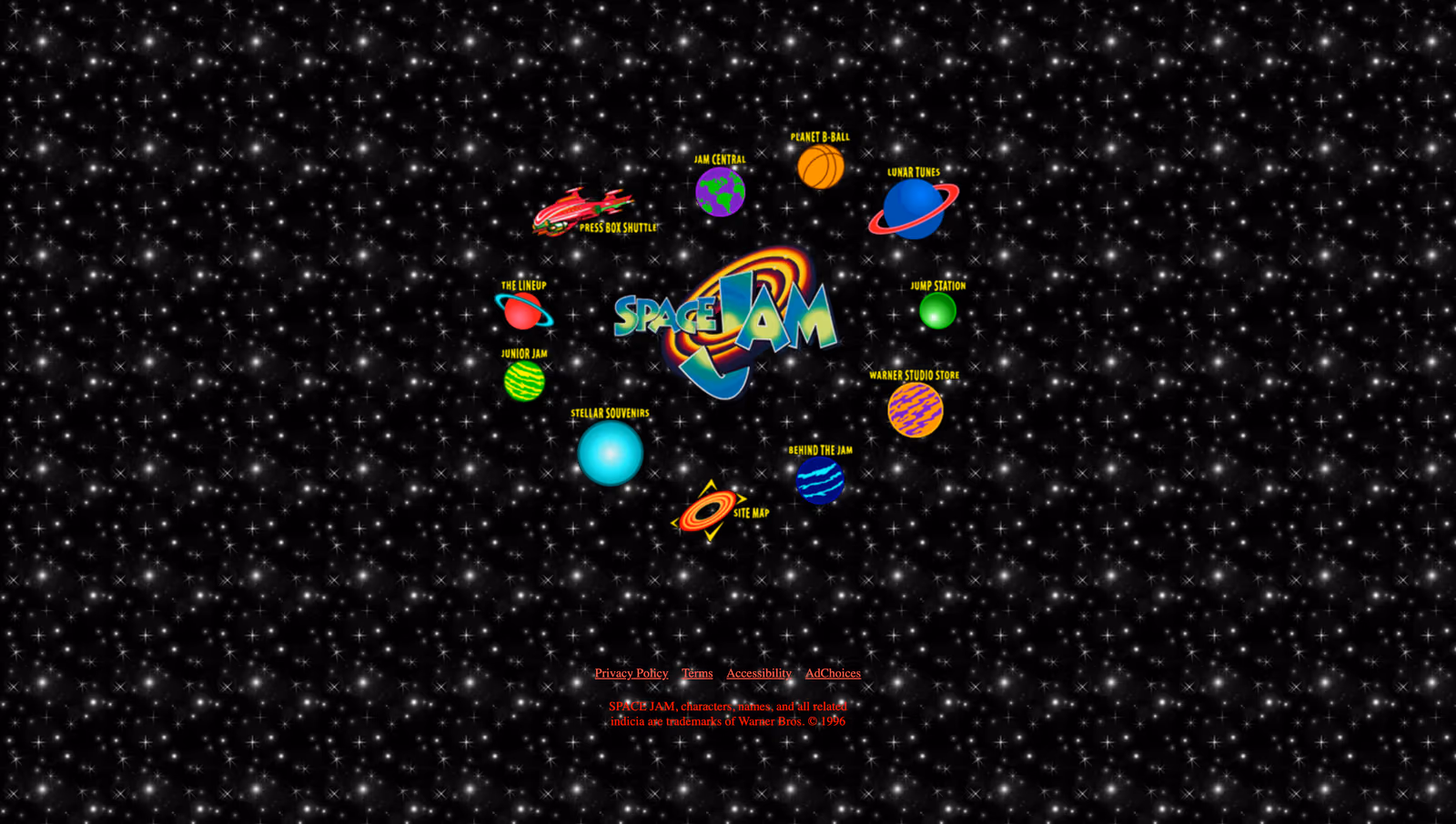 The 1996 Space Jam homepage with planets circling the film logo on a tiled starfield.