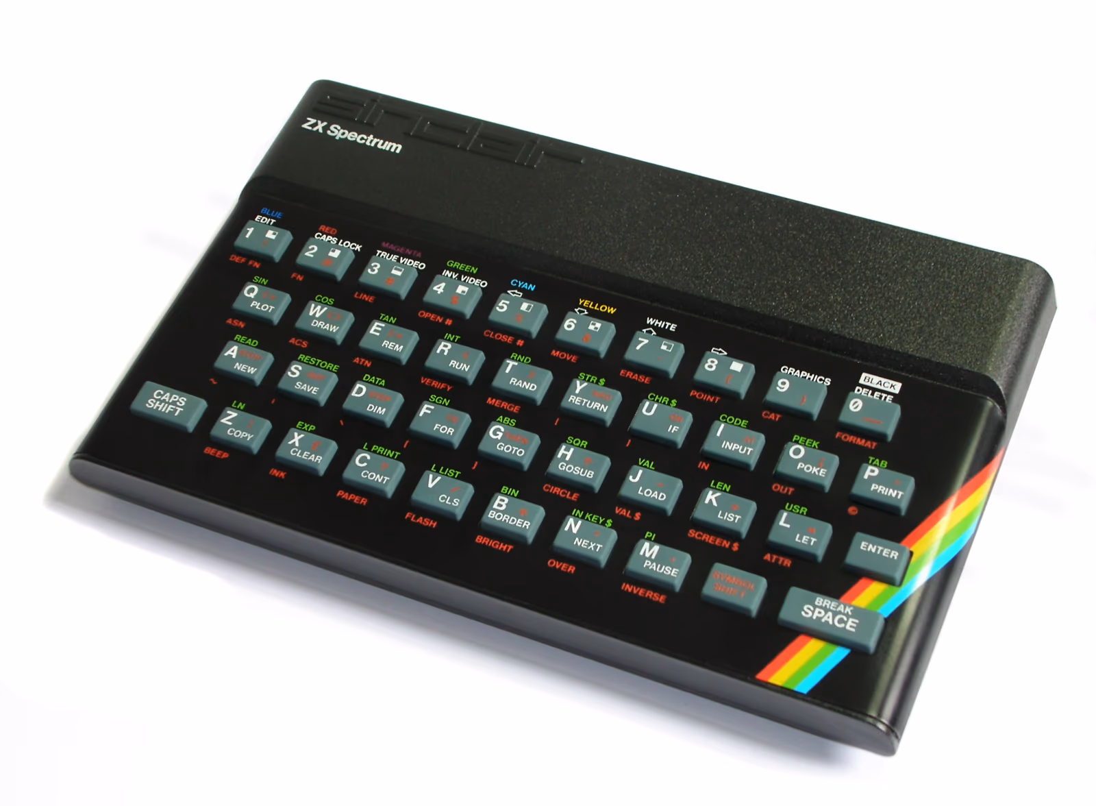 A Sinclair ZX Spectrum 48K with its grey rubber keyboard and rainbow stripe.